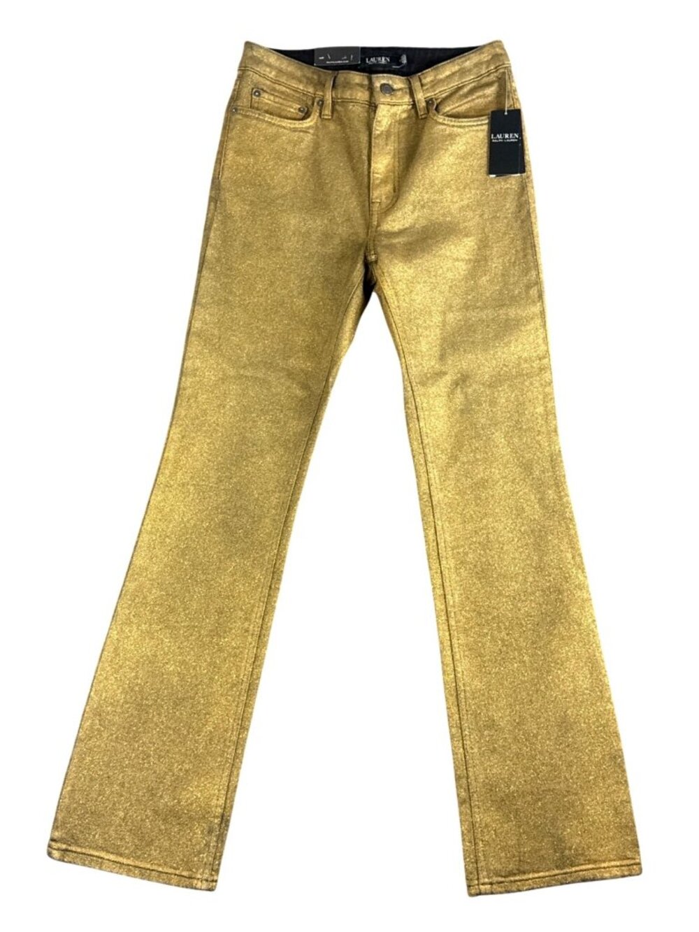 NWT Lauren Ralph Lauren Gold Metallic High Rise Boot Leg Jeans 6 Stretch Denim